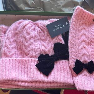 Kate Spade Pink Gift Set.  Hat, Scarf & Arm Warmers Set with Black Bows.